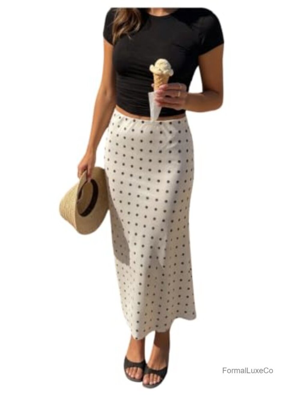 Satin Polka Dot High Waisted Fishtail Bodycon Maxi Skirt